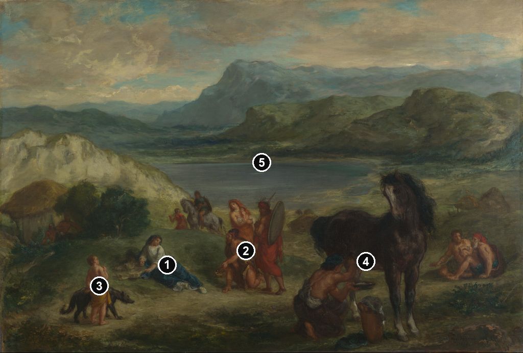 Annotated details from Ovid among the Scythians by Eugène Delacroix
